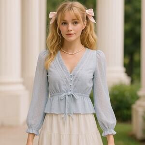Baby Blue Swiss Dot Princess Top with Bow size M